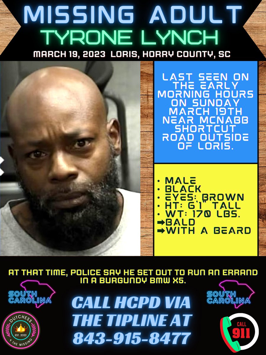DutchGirlMB's tweet photo. #SHARE #RT #MISSINGPERSON #HORRYCOUNTYSC
#TYRONELYNCH #LORISSC
Horry Co. Police is searching for Tyrone Lynch, who was last seen in the morning hours of Sunday, March 19, near McNabb Shortcut Road outside of Loris.
@ArcticfoxTrue @millieNBama @MichelleMackl11 https://t.co/BAapLgDbOm