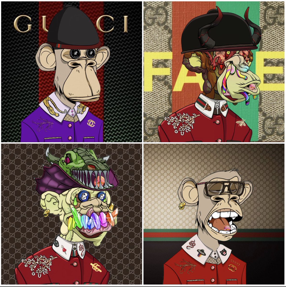 guccione_ape's tweet photo. Borzi Guccione had to do a bit extra for these guys here. I loved putting the extra work for my brothers because of all support and good philosophical convos that we had over time which means a lot to me. 🫶
•
You’ve been #Guccified 🔮
•
@AmbientApe
@grimyfrankie
@NFTking__
@GlassyMusic
•
#Yuga #Yugalabs #10KTFGucciGrail #MAYC #BAYC #GucciGang