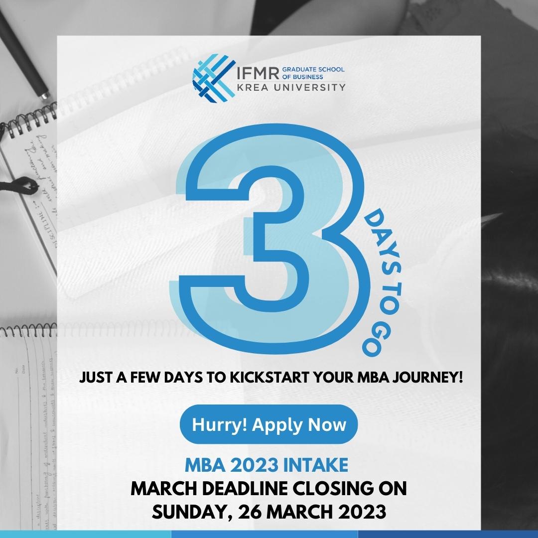 kreauniversity's tweet image. Attention!
The deadline for IFMR GSB&apos;s MBA Programme Admissions is fast approaching. Applications for March close on 26th of this month. 
Apply Now via link below: 
ifmrgsbadmissions.krea.edu.in

#MBAProgramme #MBA #IFMRGSB #IFMR #Krea #KreaUniversity #Bschool #BusinessSchool