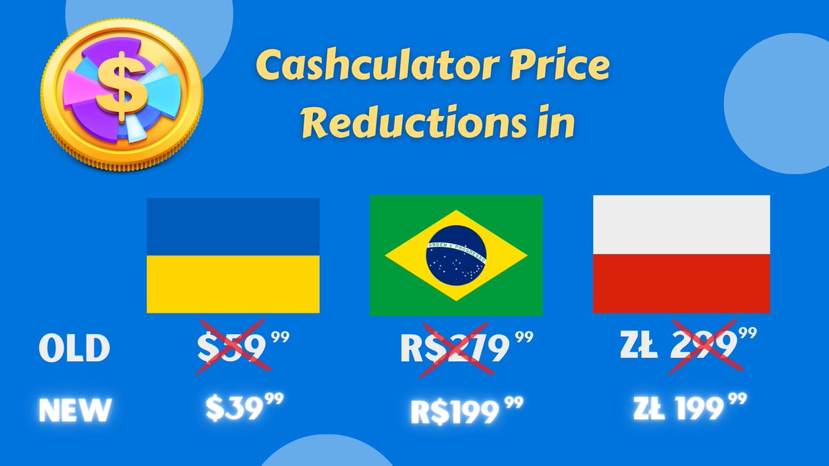 In recognition of how household budgets vary depending on where you live, and now that Apple allows us to do so, we've reduced the price of our one-time purchase (no subscription!) in three countries. Learn more here: cashculator.app/news/cashculat…