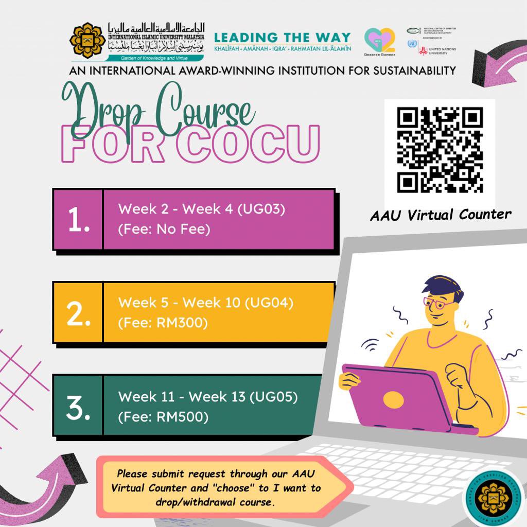 [Salam Ramadhan !!!]

Attention to all student!! 
Please take note 😊 

Drop with no fees starting from 13th March 2023 until 1st April 2023 !!!