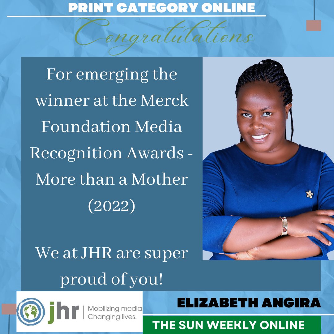 Hearty congratulations to @jhrnews Kenya #Alumni @ElizabethAngir1 on her recognition at the @MerckFoundation-More than a Mother (2022) Awards. 👏👏 in the print category, online. @MerckAndMothers