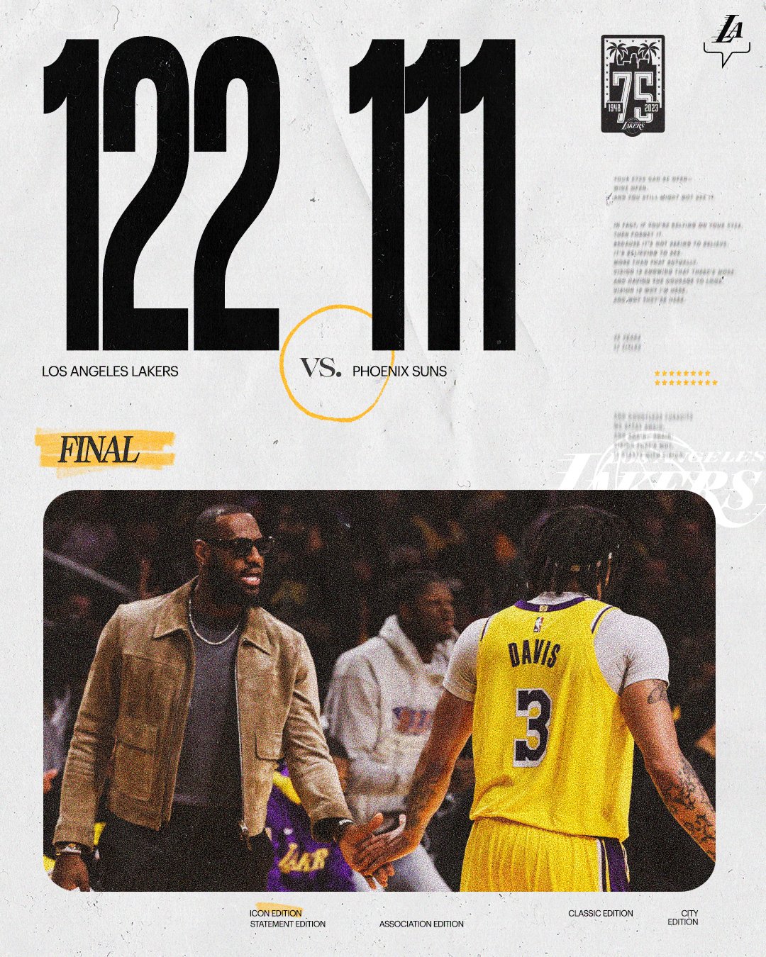 Los Angeles Lakers đánh bại đội hạng 4 miền Tây là Phoenix Suns với tỷ số 122-111, tạm leo lên vị trí thứ 10 trên BXH