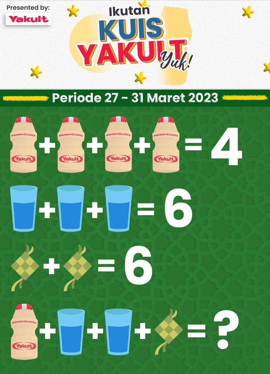 YakultIndonesia's tweet photo. Halo Yakult Family! Sambil nunggu buka puasa, kita ikutan kuis yuk! Tebak angka yang benar sesuai petunjuk pada gambar dengan cara reply tweet ini 🥰

Jangan lupa follow @YakultIndonesia dan mention 3 orang temanmu ya. Yuk ikutan dan dapatkan bingkisan menariknya 🤩

#KuisYakult https://t.co/G646Ws8Rdn