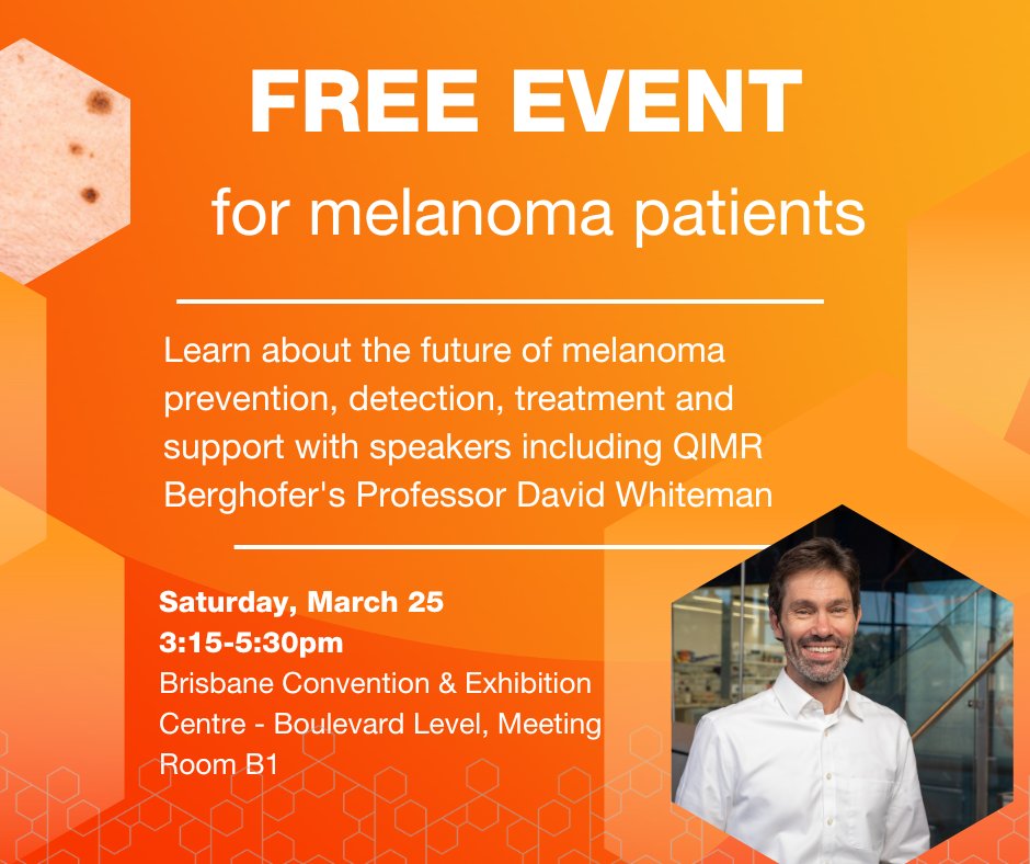 QIMRB_Institute's tweet photo. Been diagnosed with #melanoma?
Come to afternoon tea on Saturday!
Register here: https://t.co/FPbIxgO101
@melanomasupport #MSCAN @UQMedicine @UQ_News
Hear from:
@DWhitemanQIMRB @HelmutSchaider @Amcinerneyleo
Professor Euan Walpole
Claire Kelly https://t.co/oaruKQIGlY