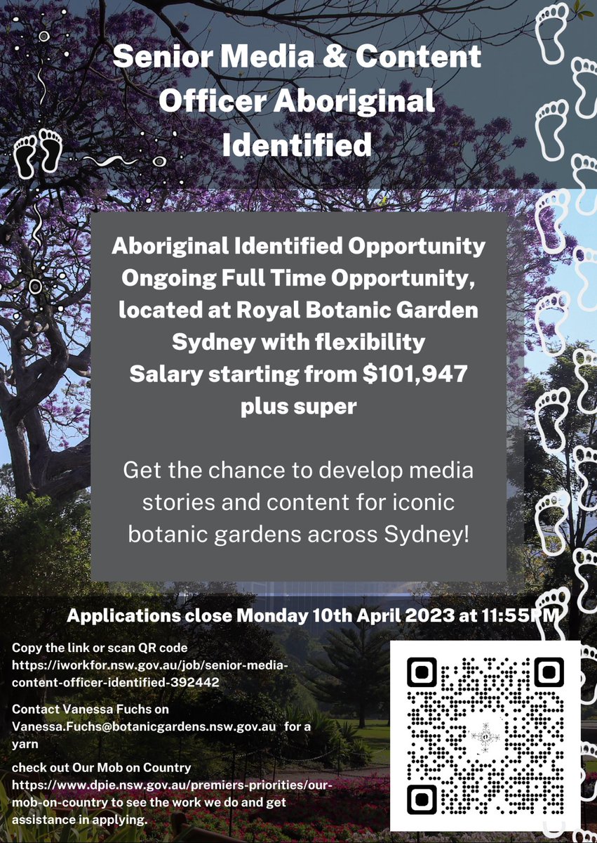 #Hiring 📣 We have an exciting opportunity for a passionate and creative Senior Media and Content Officer to join the Garden’s News and Content team in this Aboriginal Identified role. Find out more and apply here: iworkfor.nsw.gov.au/job/senior-med…