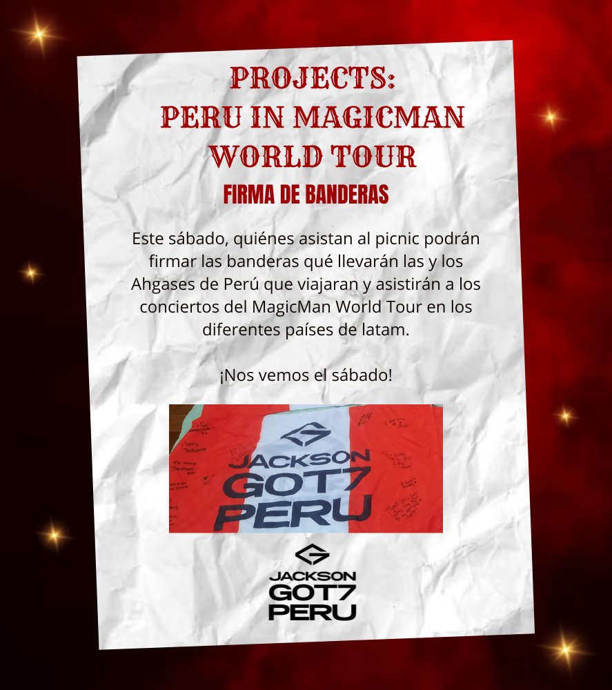 Jackson_G7Peru's tweet photo. ✧PROJECTS: PERU IN MAGICMAN WORLD TOUR 🇵🇪✧
FIRMA DE BANDERAS 🇵🇪🇵🇪🇵🇪
Los invitamos a este proyecto para hacer sentir a nuestro país en las diferentes paradas del tour! ✨
#Jackson #JacksonWang #JacksonGOT7Peru #Magicman #MAGICMANWorldTour https://t.co/Jnm4wDMupN
