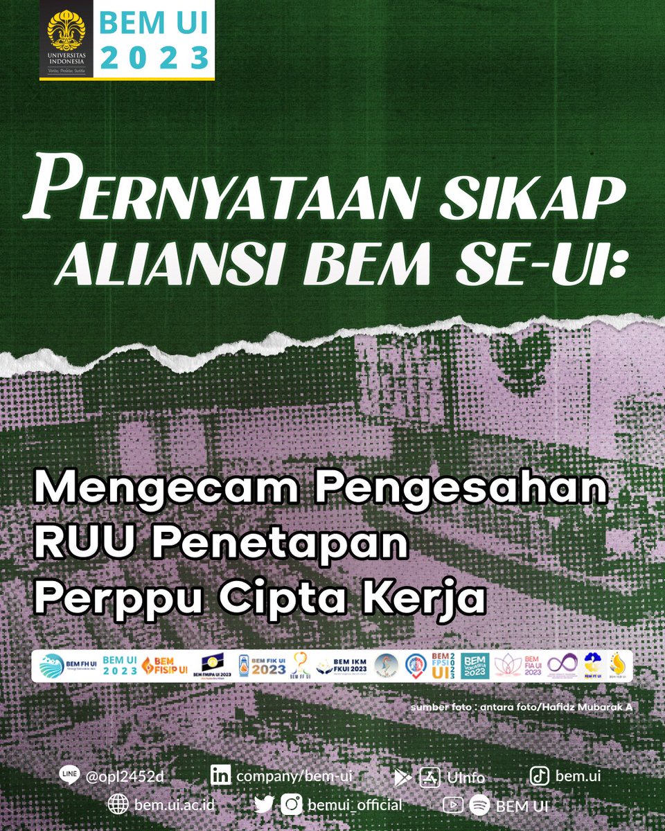 BEMUI_Official's tweet photo. PERNYATAAN SIKAP ALIANSI BEM SE-UI: MENGECAM PENGESAHAN RUU PENETAPAN PERPPU CIPTA KERJA https://t.co/MxBFBwjbKi
