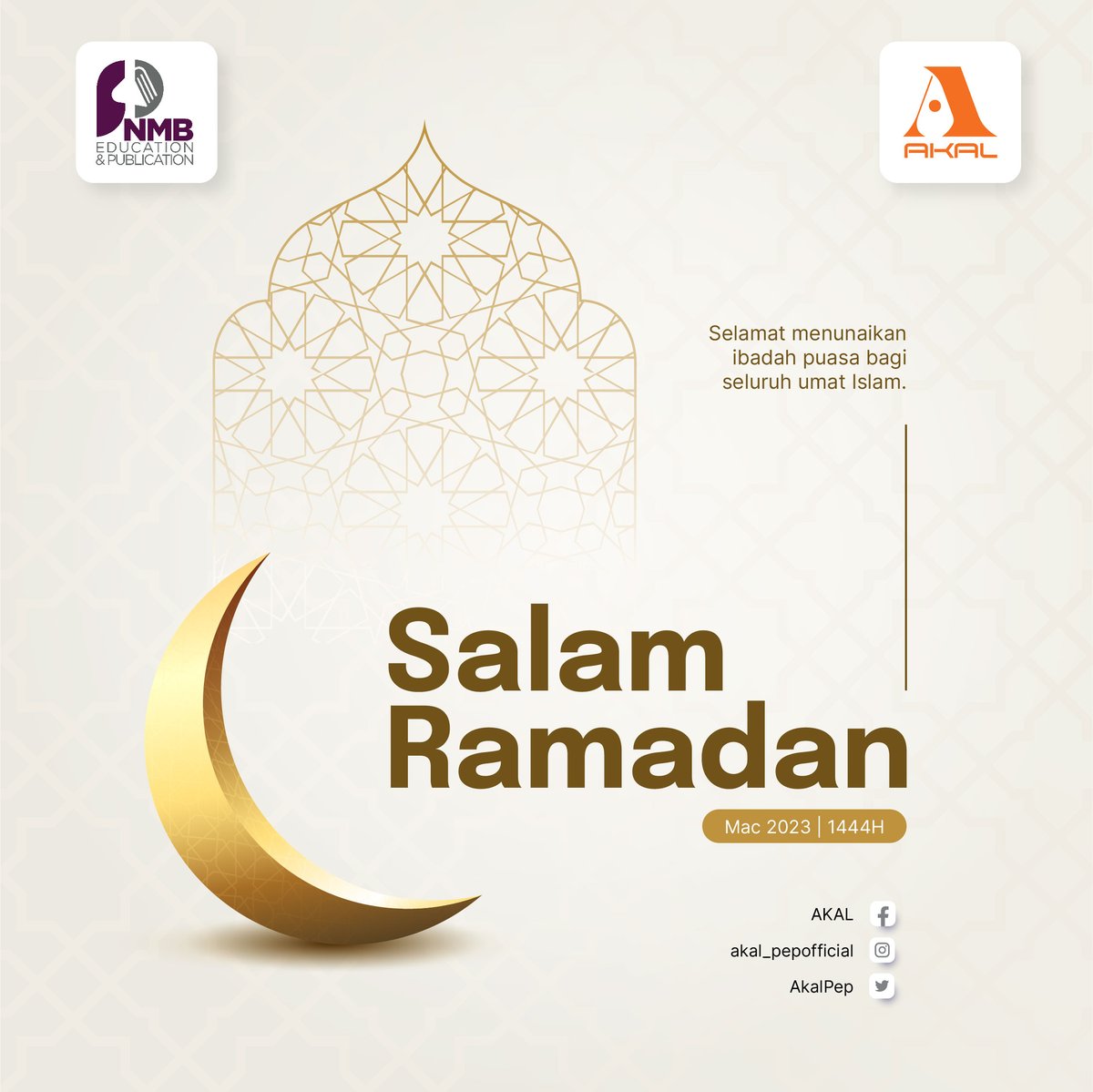 AkalPep's tweet photo. Salam Ramadan 1444H/2023 ✨

Selamat menunaikan ibadah puasa kepada seluruh umat Islam.

Ikhlas daripada,
PNMB Education &amp; Publication https://t.co/xVF9XNpVQY