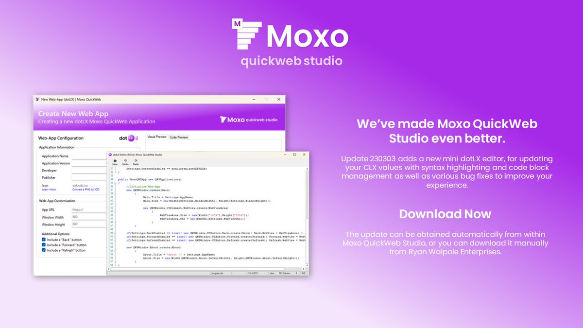 RWE_AU's tweet photo. ✨ Update Day! ✨
Moxo QuickWeb Studio v230303 was released today and contains a brand new mini dotLX file editor with syntax support, as well as major improvements and bug fixes. Update is now available through the app 🥳

🔗Learn More: https://t.co/rOpQmwmoqg https://t.co/kSk2WbGsNY
