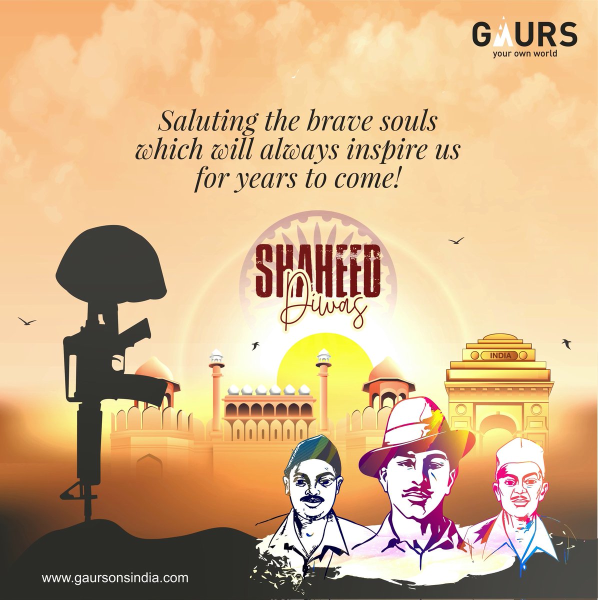 Tribute to #BhagatSingh, #Rajguru &amp; #Sukhdev, the greatest heroes of our freedom struggle who sacrificed their lives for the country on #ShaheedDiwas, their sacrifice &amp; heroism will always be remembered!
#ShaheedBhagatSingh #ShaheedDiwas23Mar #Gaurs #Gaursons #GaursonsIndia