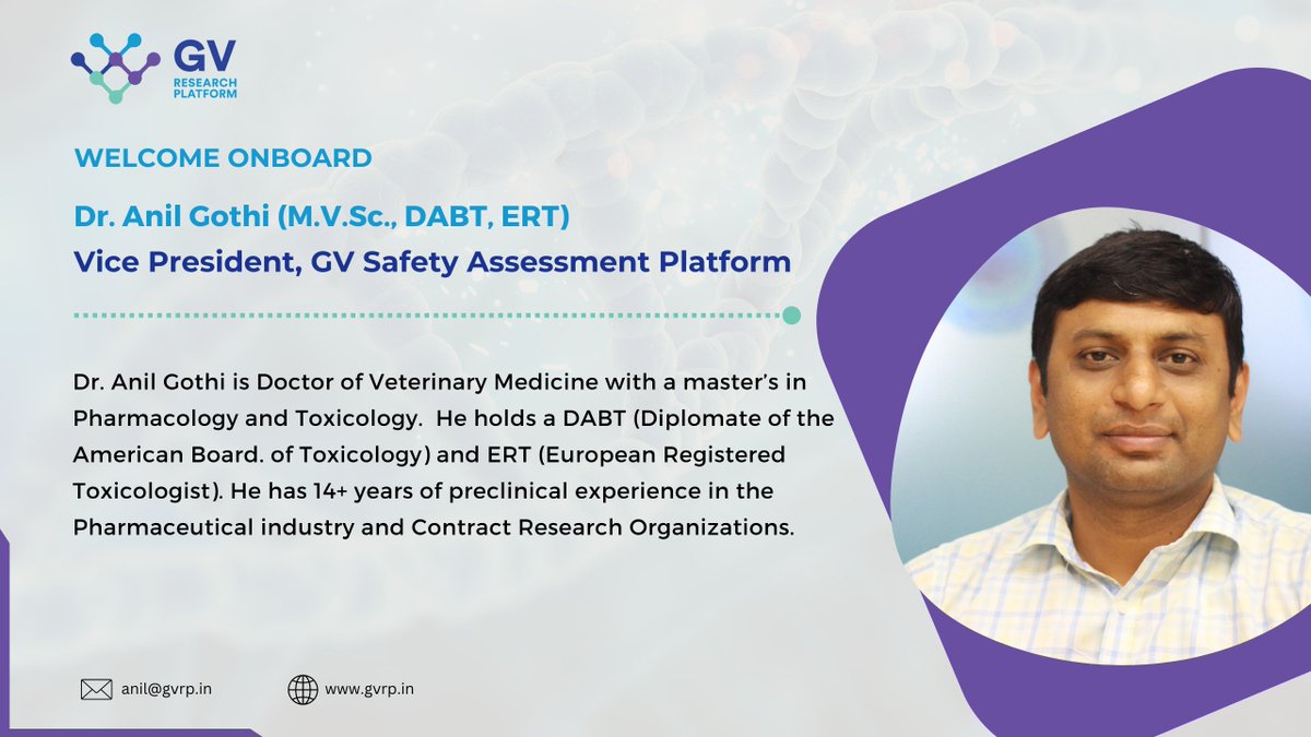 We are pleased to welcome aboard Dr. Anil Gothi, DVM, MVSc, ERT, DABT as the Vice-President of GV Safety Assessment Platform!

#lifeatGVRP #GVRPteam #GVRP #newbeginnings #cro