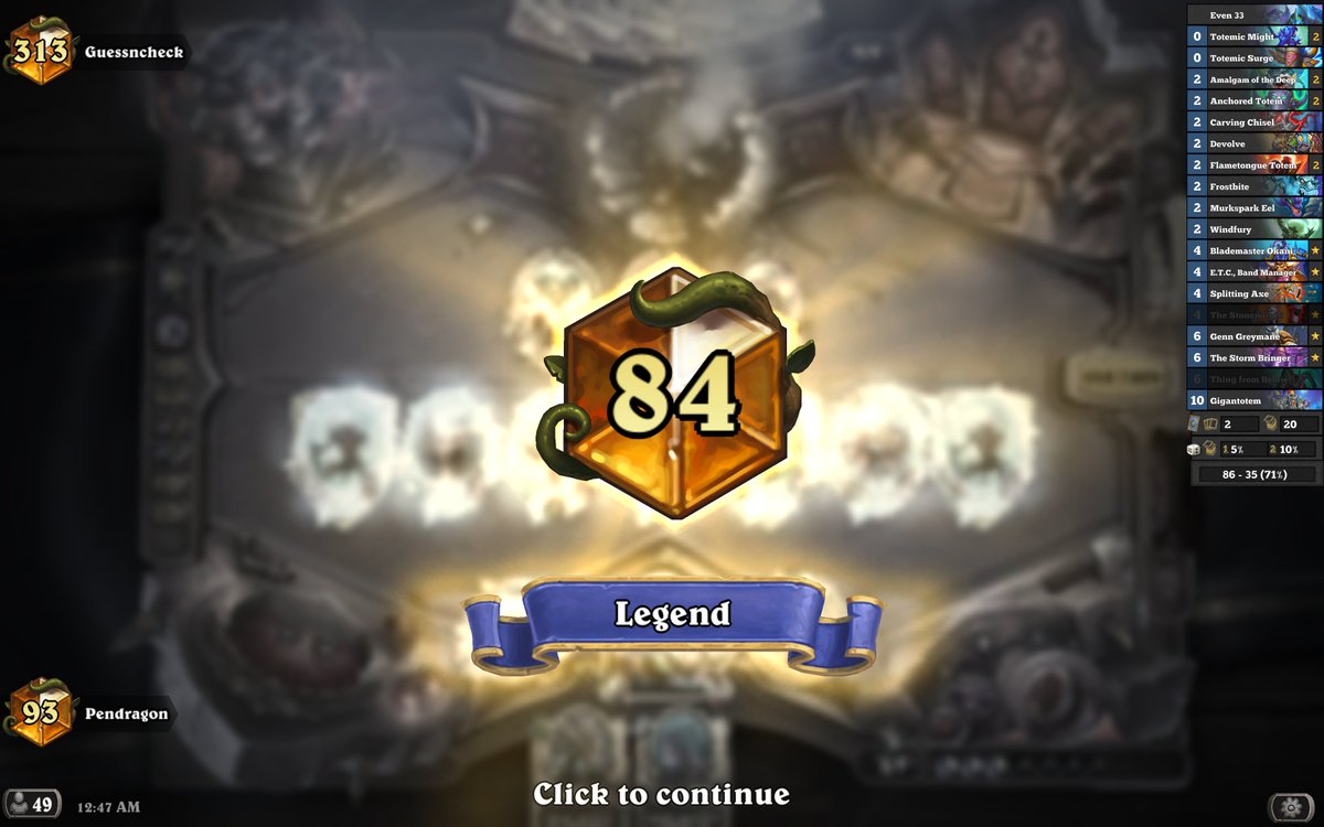 PendragonHS's tweet photo. Wild Even Shaman OP—thanks Gennifer! 🔥🗿👍

Climbed to # 8⃣4⃣ #WildHS Legend from #712 on NA server with an absurd 58-14 (81%) win record over 72 games this season!

E.T.C. was the VIP, but I was shocked find Loatheb was the worst band member.

#ETC4life #TempoTown #Hearthstone https://t.co/qnBNMHwnNa