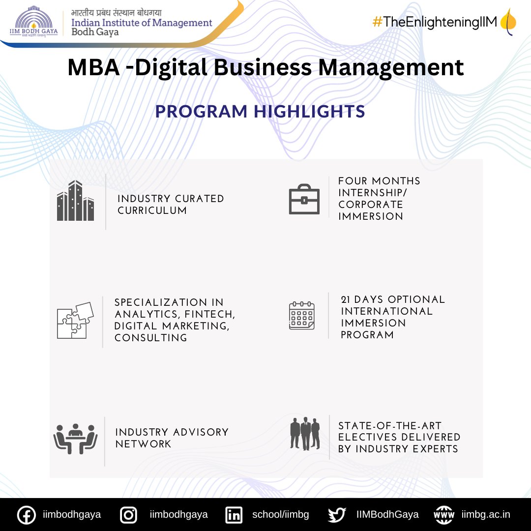 IIMBodhGaya's tweet photo. Check out the key program highlights of IIM Bodh Gaya's new MBA in Digital Buisness Management programme.
#IIMBodhGaya #TheEnlighteningIIM
#Mindfulness #iim
#analytics #businessconsulting #emergingcareer #data #healthcare #newagecareer #MBA #leader #CAT2022 #management #CAP https://t.co/rOaShzPEK8
