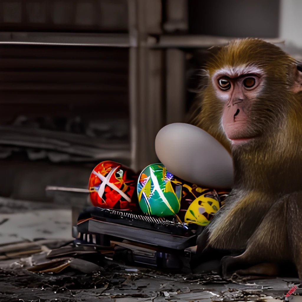 cinetrope's tweet photo. Infinite Monkey Theorem revised:  
Eventually they hallucinate Easter eggs.
#craiyon https://t.co/km2Ty3XbTw