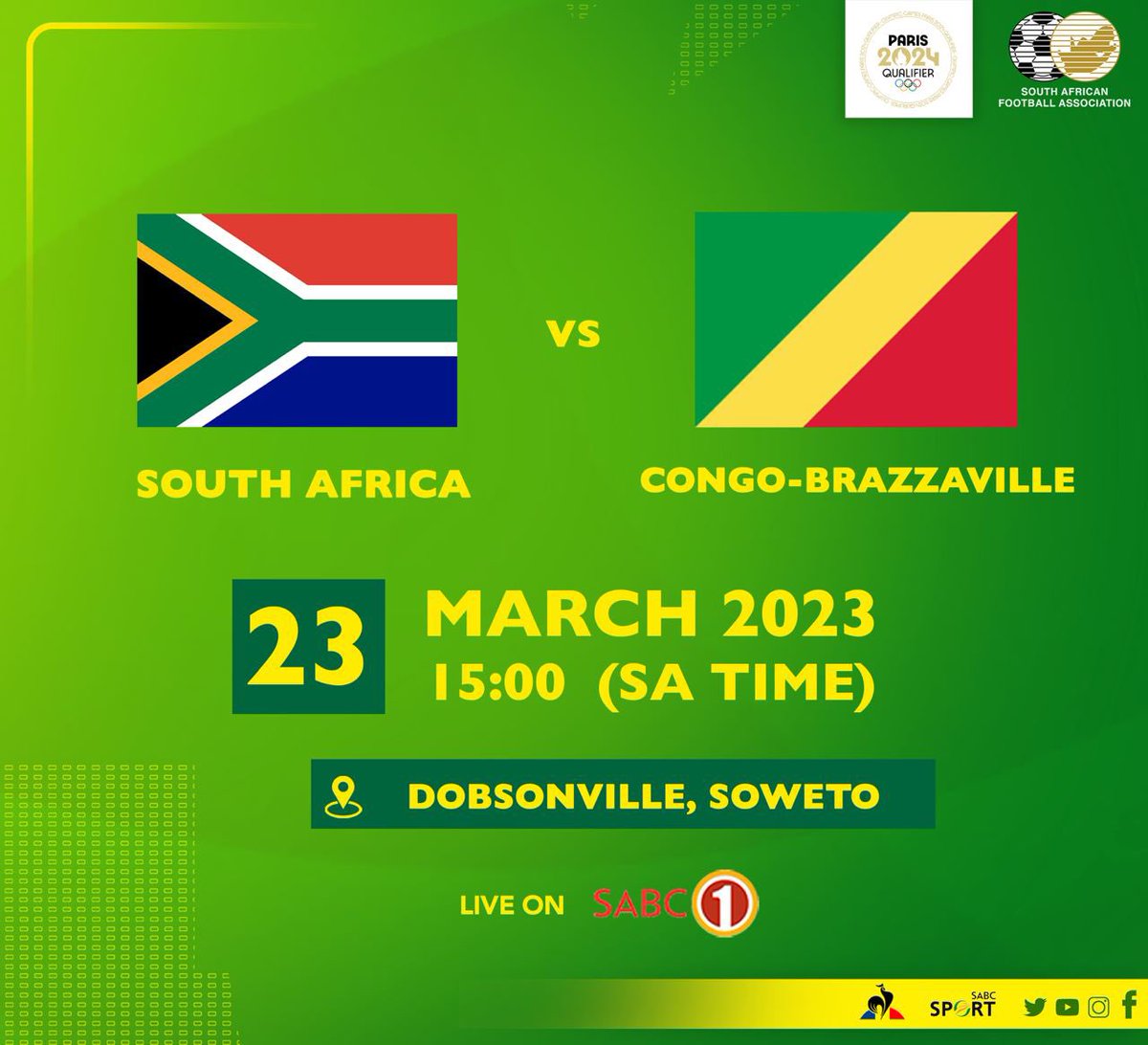 🚨U-23 MATCHDAY🚨 ⚽️South Africa vs Congo (Brazzaville) 🏆 CAF U23 Olympic Qualifiers 📆 TODAY, 23 March 2023 🏟️ Dobsonville stadium 🕒 15:00pm 📺 @Official_SABC1 LET’S GO!!!💪🏽💚💛🇿🇦