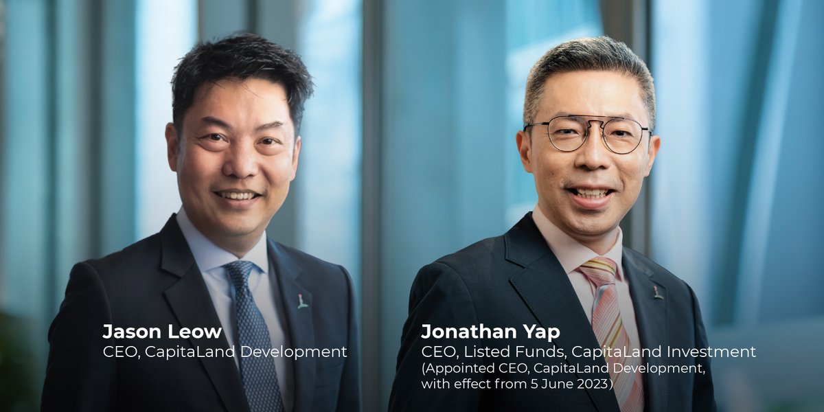 CapitaLand's tweet photo. From 5 Jun 2023, Jason Leow, CEO of #CapitaLandDevelopment will retire and relinquish his position. He will be succeeded by Jonathan Yap, currently CEO of Listed Funds at #CapitaLandInvestment. Mr Leow will be appointed as Advisor to #CapitaLand Group. 🔗https://t.co/MSIjtkQ9cp https://t.co/nZIjezOKkb