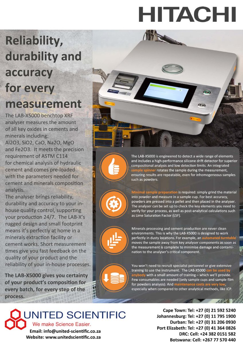 SPONSORED POST: United Scientific

#hitachi #cement #minerals #labx5000 #oxides #XRF #chemicalanalysis #hydraulic #ASTM #mineralexploration #unitedscientific #chemical #science #quality
Hitachi High-Tech Analytical Science