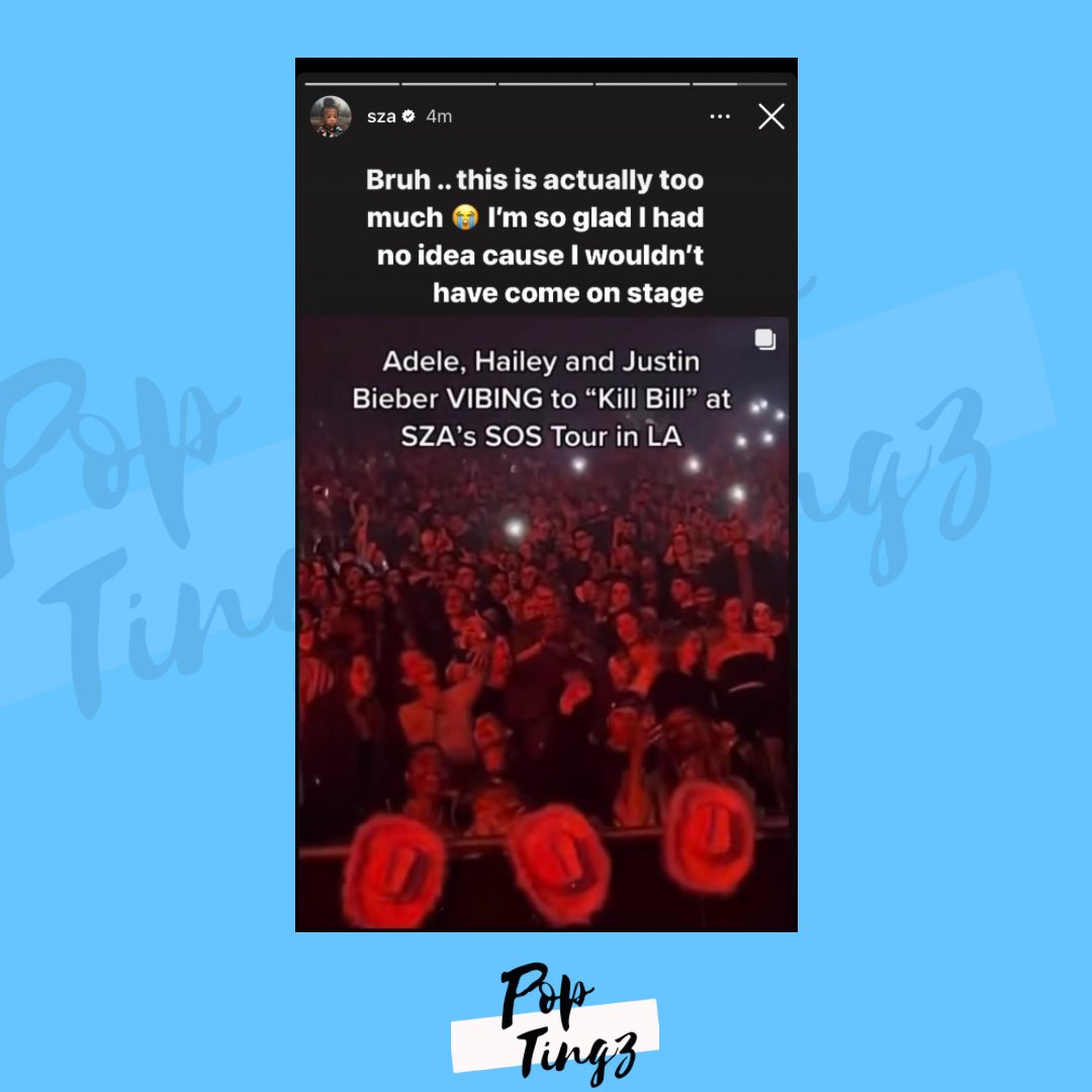 PopTingz's tweet photo. SZA shares excitement after finding out that Adele and Justin Bieber attended her show in LA:

“I’m glad I had no idea cause I wouldn’t have come on stage” https://t.co/6aTBSDBkMi