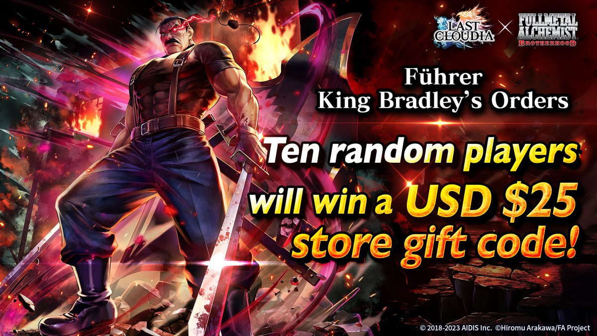 lastcloudiaen's tweet photo. 🎁Collab Promo Pt. 2🎁

This is an order direct from King Bradley! Retweet or share this tweet, and you could be one of ten lucky entrants to win a USD $25 store gift code!🔥

PERIOD
Mar 23 - Mar 29, 11:59 pm (PT)

#LastCloudia x #FULLMETALALCHEMISTBROTHERHOOD  #CrossOver https://t.co/inuBIVvvp8