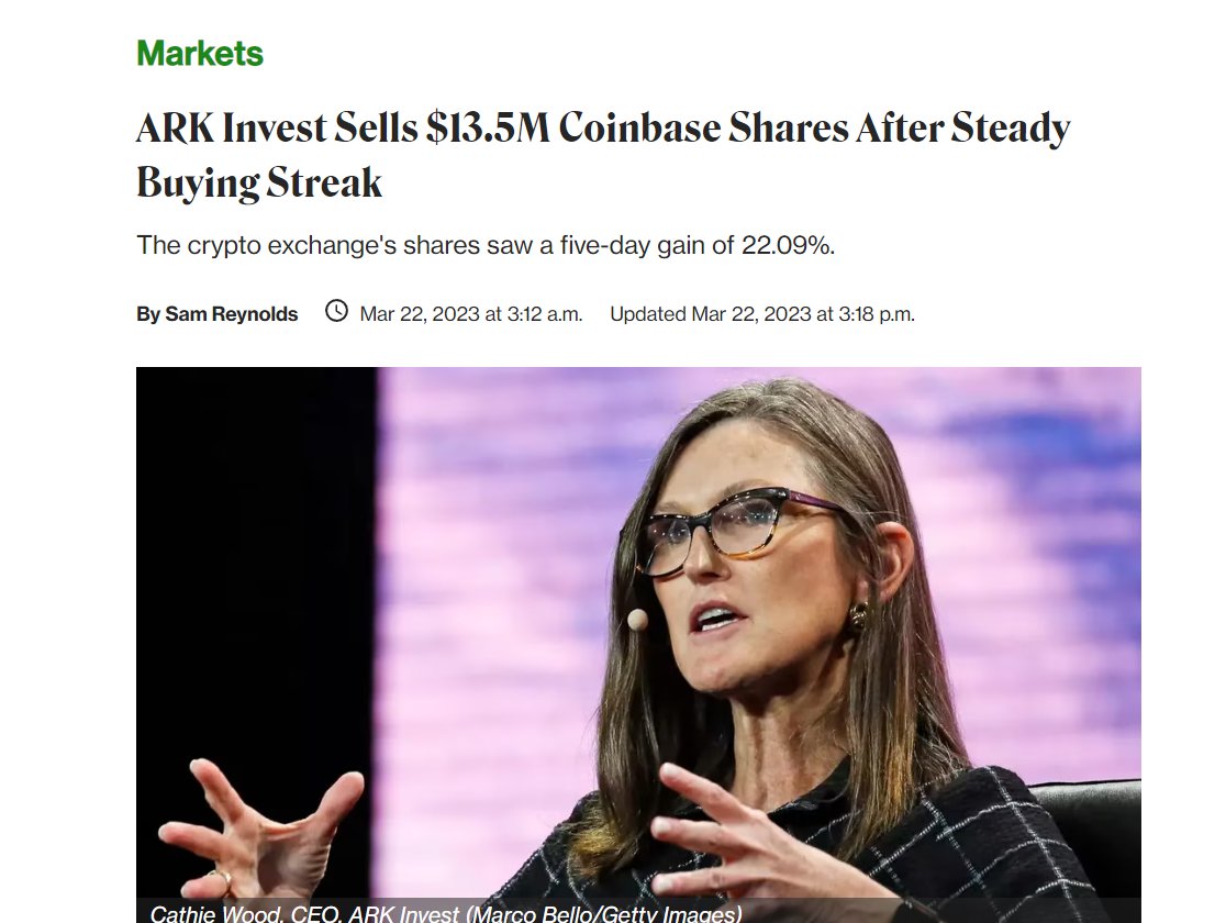 ModernInvest's tweet photo. So, heres a weird one. Cathie Wood purchased Coinbase stock incessantly for almost a year, non stop, BUT, actually sold 13 million worth last night, just 12 hours before coinbase got indicted by the SEC... how did she know to sell? https://t.co/yj9h6QFqnr