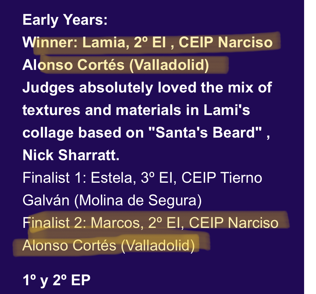 ceipNAC's tweet photo. ¡¡¡Felicidades Lamia y Marcos!!! 👫
Lamia es la ganadora y Marcos el 2º finalista del BEP ART Competition 🎨organizado por @esBritish
Aquí podéis ver sus obras de arte y en la web del cole el resto de las seleccionadas.
#art #artatschool #bilingualproject #proudofourstudents https://t.co/4v80b3fsVj
