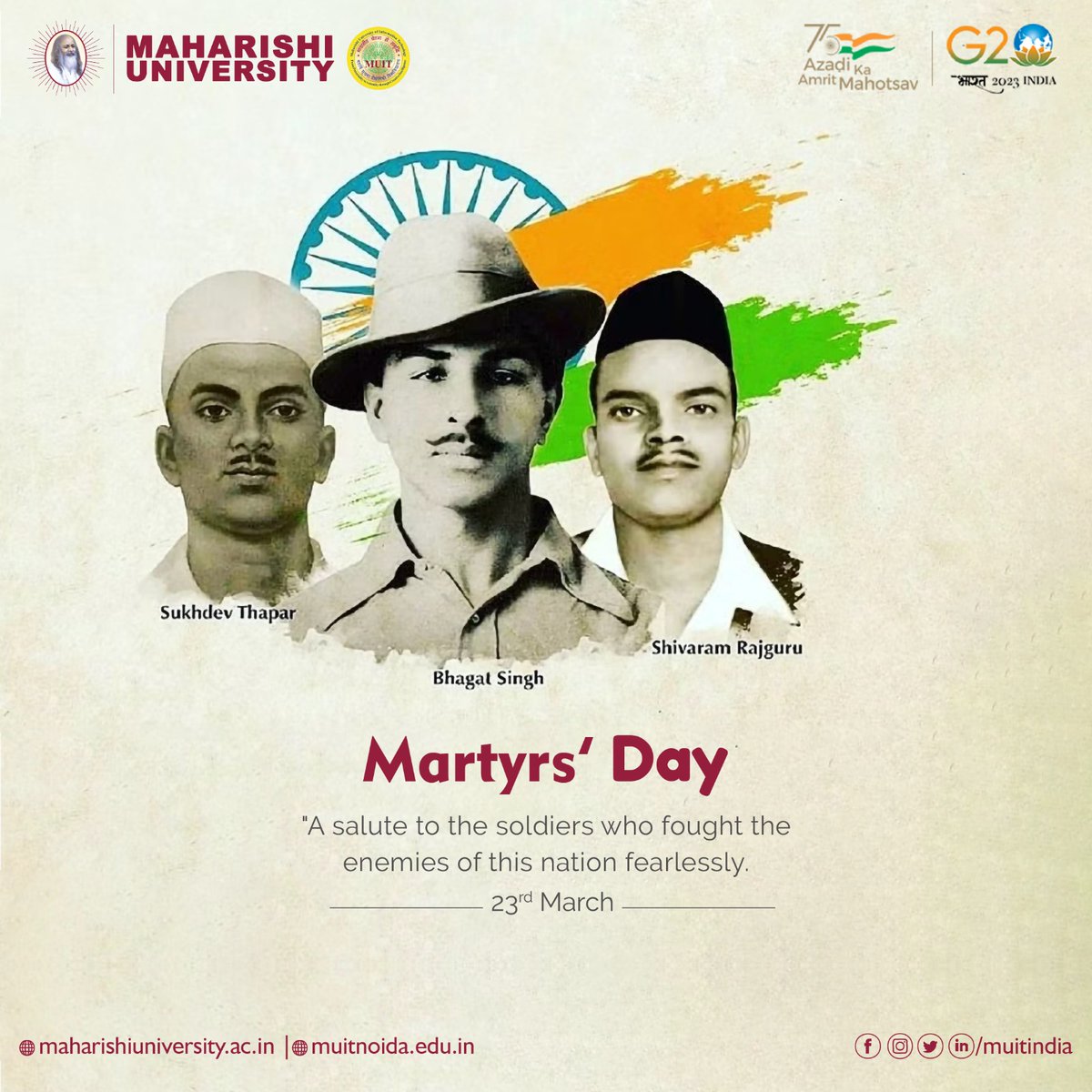 muitindia's tweet photo. Maharishi University salutes the valiant bravehearts of India who selflessly brought independence and peace!
The love and respect for the struggle our freedom fighters will always be cherished in our hearts, Jai Hind!
#martyrsday #sacrifices #MaharishiUniversity #MuitIndia https://t.co/nvJTMpfaCO