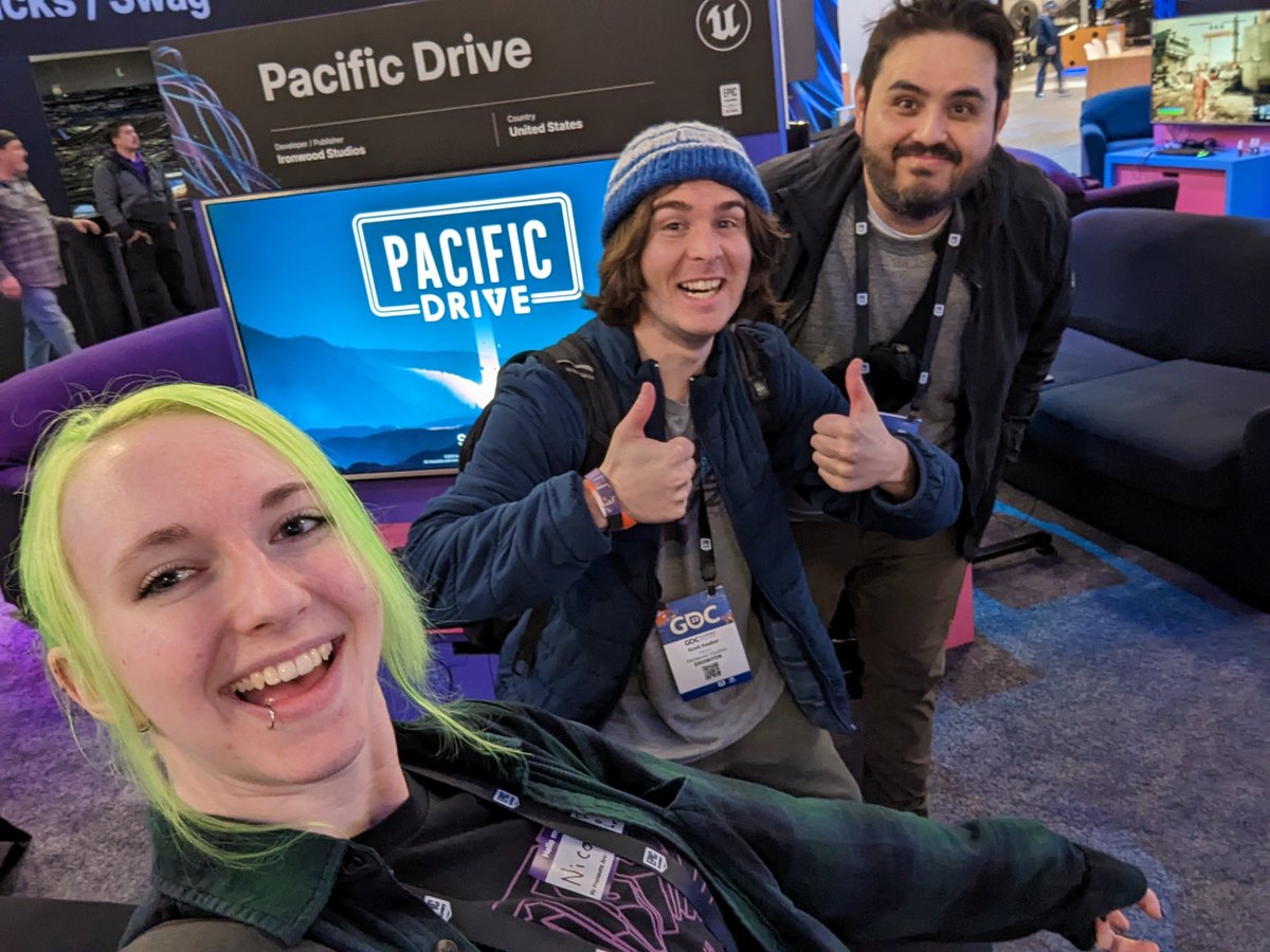 Look it's us! We're at the Epic games booth, come say hi and check out the game! #pacificdrive #gdc23