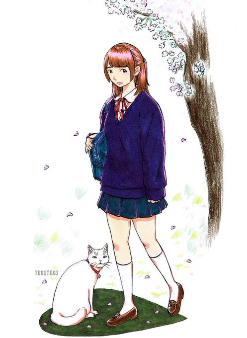 てくてく猫描・白猫にゃんと桜と #猫好き #illustration #オリジナルイラスト  