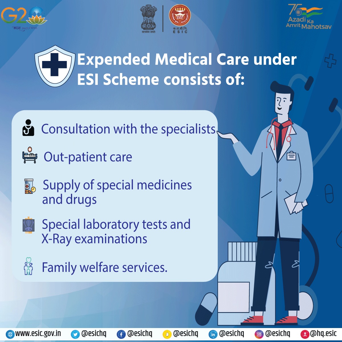 esichq's tweet photo. Employees' State Insurance Scheme provides Expended Medical Care which consists of Consultation with the specialists, Supply of special medicines and drugs, Special laboratory tests and X-Ray examinations, etc. https://t.co/wPd5a2r5gn