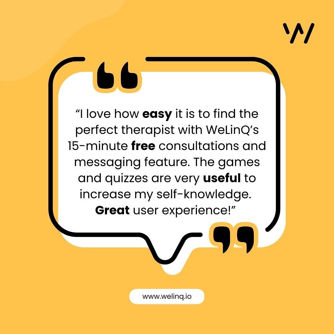 Want to improve your mental health and well-being? WeLinQ is perfect for this.

But don’t just take our word for it - here’s what this happy user loved about our app ⤵

💛 Easy to find the perfect therapist.
💛 Access to free consultations.
💛 Useful games and quizzes.
💛 Gre...