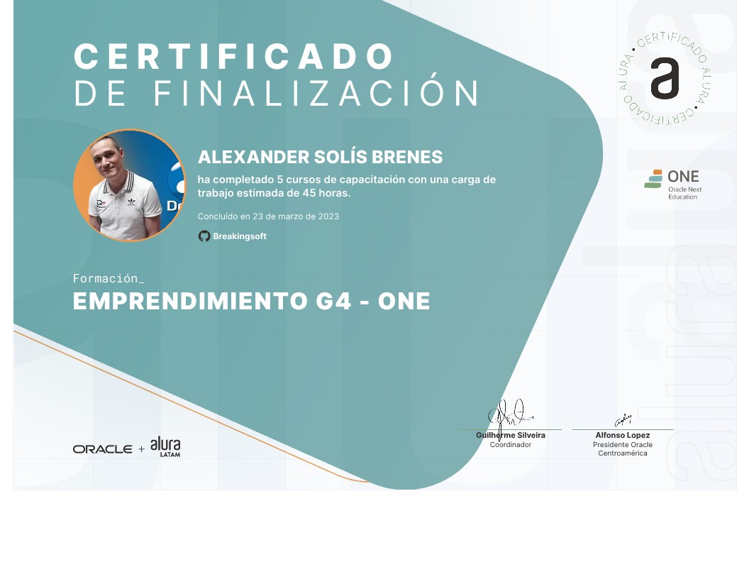 Celebro haber obtenido mi certificaod de Emprendimiento, donde aprendi sobre: Lean Startup, Pitch y Bussines Model Canvas.

#OracleNextEducation #helloONEG4 #Oracle #AluraLatam

#OracleNextEducation #SoyDevEnFormacionONEG4 @Oracle  @AluraLatam