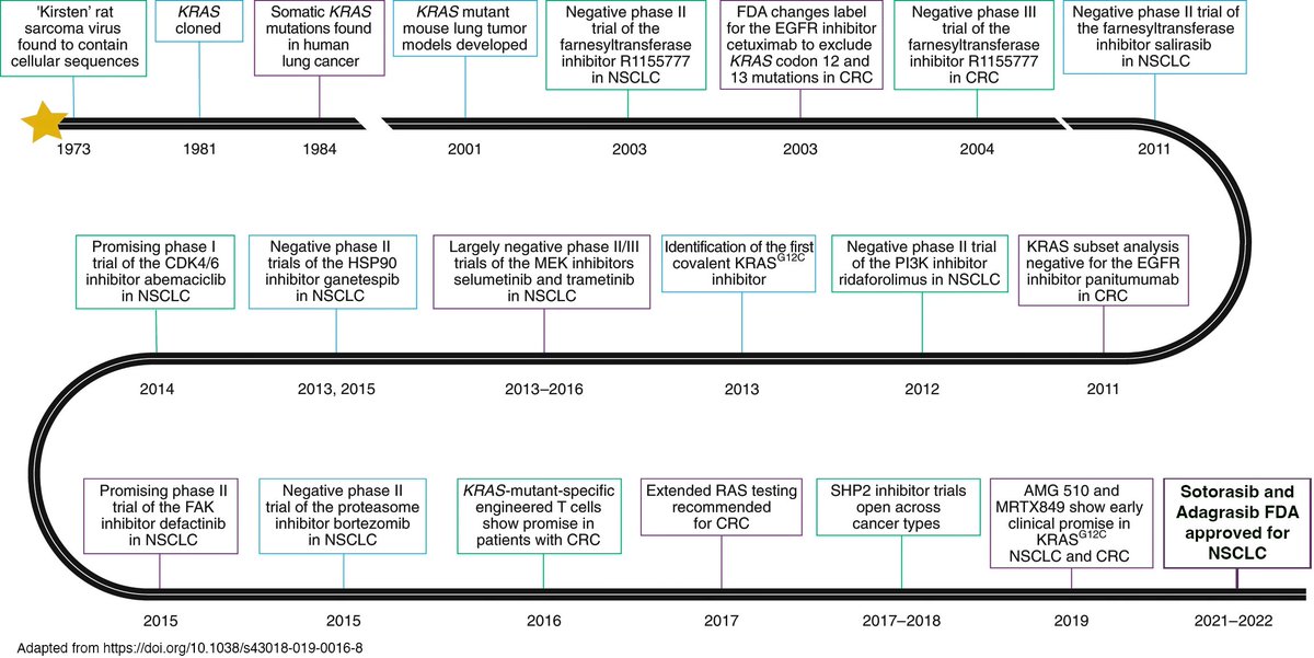 A5-1b Drug development takes a long time... 📌For #KRAS, a rocky process over ~40 years 📌Challenging at every step, many failed attempts including clinical trials 📌Until recently, most attempts indirect, targeting pathway but not #KRAS itself #CRCTrialsChat