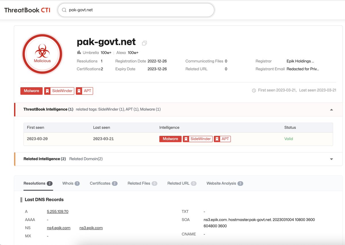 An IOC associated with the #Sidewinder #APT was discovered on March 20, 2023. hope this sharing will be helpful for you and your organization's security team in further investigation or response.  

pak-govt[.]net
threatbook.io/domain/pak-gov…

#ThreatHunting #ThreatIntelligence