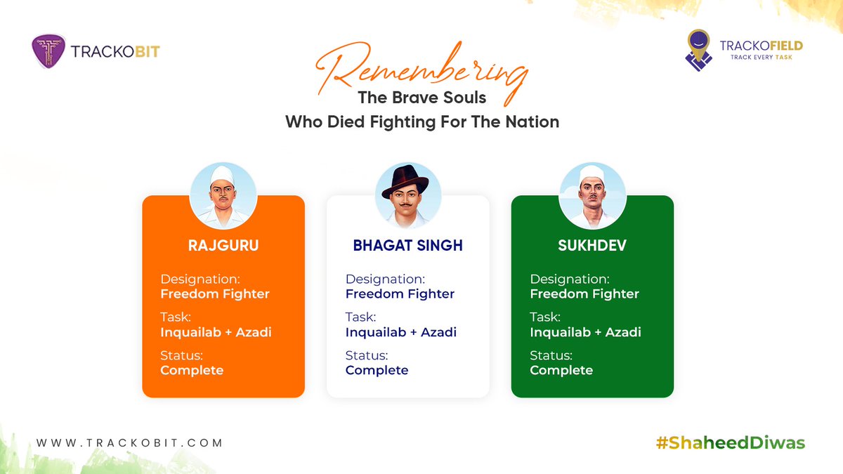 trackobit's tweet photo. Remembering the legendary trio who paved the way for the revolution with their actions and amplified the voice of freedom with their sacrifice. They died young but will live in our hearts for ages!
#ShaheedDiwas #MartyrsDay #BhagatSingh #Rajguru #Sukhdev #TrackoBit #TrackoField https://t.co/x0fJxzqr8X