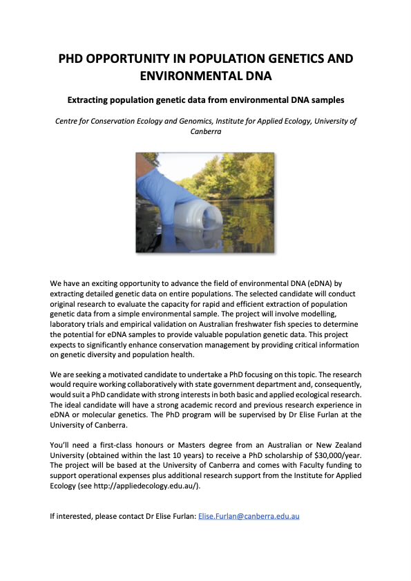 EliseFurlan's tweet photo. An exciting #PhD opportunity exploring population genetics from #eDNA. Working with the wonderful team ⁦@UC_CCEG⁩, ⁦@IAEUC⁩ ⁦@UniCanberra⁩ https://t.co/0UBcqMrrd3