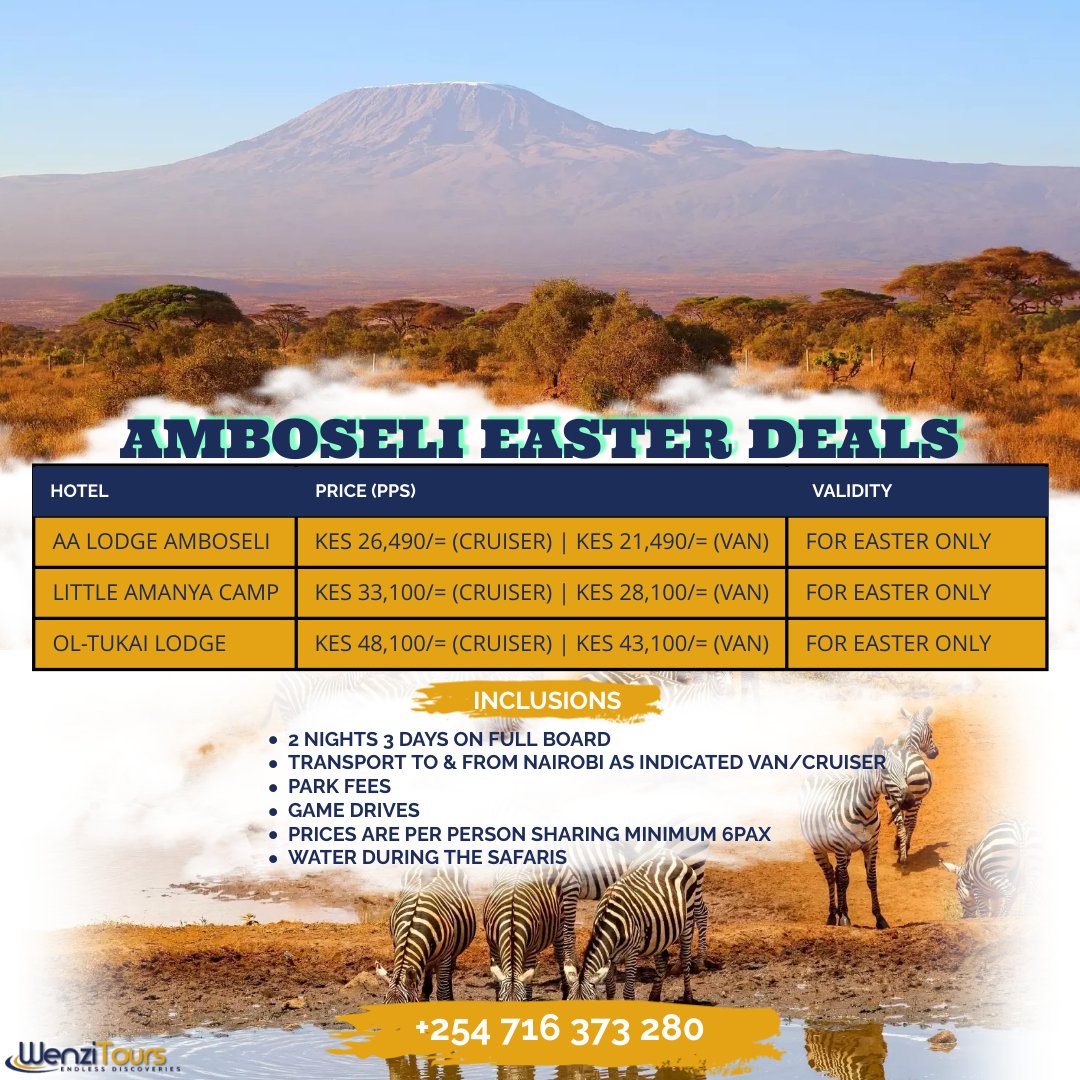 wenzitours's tweet photo. This #Easter, experience the beauty of #Africa at Amboseli National Park, the amazing wildlife destination in #Kenya. Witness the majestic elephants and other animals like lions, giraffes, and zebras in their natural habitats.
#Amboseli #Travel #ZuruKenyaParks #Safari https://t.co/NBY8mvu2ao