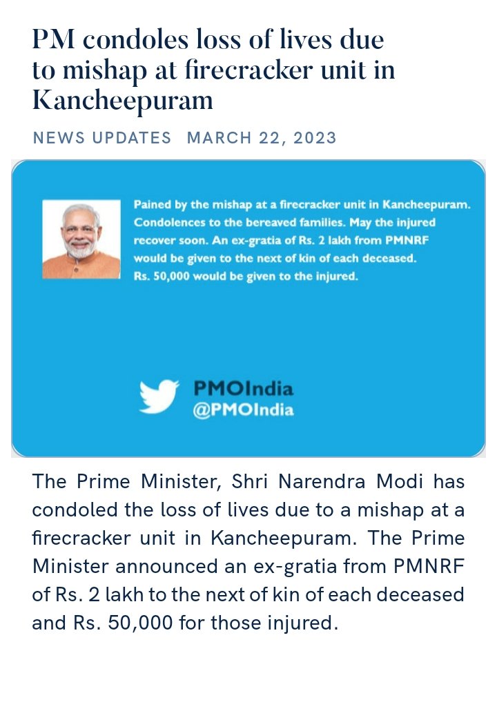 sachindixit6's tweet photo. PM condoles loss of lives due to mishap at firecracker unit in Kancheepuram
https://t.co/Ob7QMQlwfg via NaMo App https://t.co/Hpy9UgnTUl