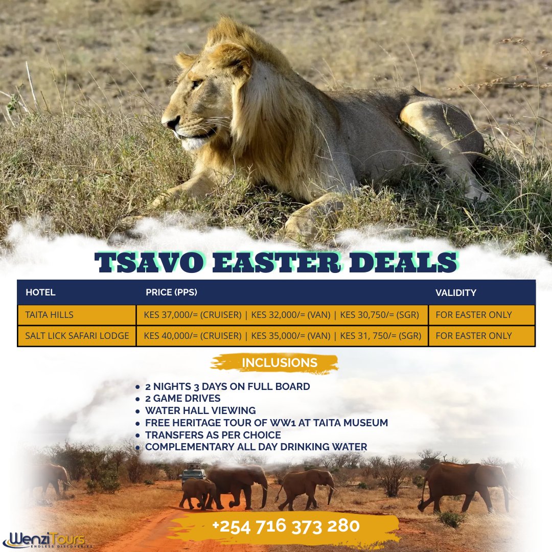 wenzitours's tweet photo. This #Easter, discover the magic of Africa on a Tsavo National Park #safari adventure!

Call/Text/Whatsapp +254716373280

#zurutsavoeast #zurunakws #zurukenyaparks #tembeakenya  #Magicalkenya https://t.co/95Mprgt6zD