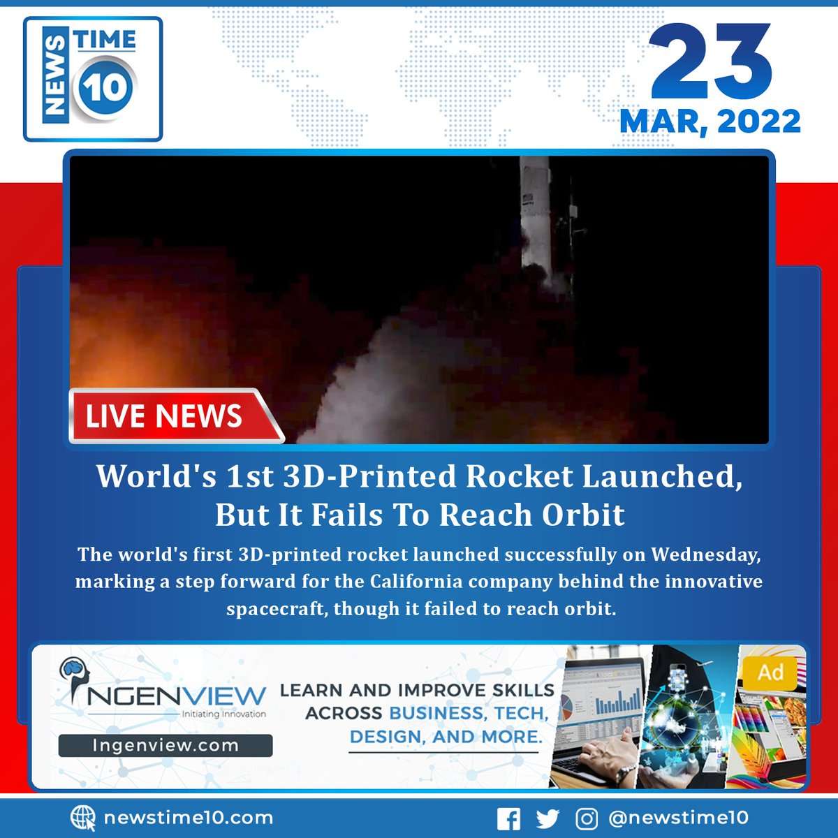 newstime_10's tweet photo. World's 1st 3D-Printed Rocket Launched, But It Fails To Reach Orbit

Read more: https://t.co/Me59SRz6kG

#newstime10 #news #NT10 #LiveNews #3dprintedrocket #failstoreach #Launched #SuccessfullyDone #stepforward #californiacompany #innovative #spacecraft #orbit https://t.co/d3ceo4quSH