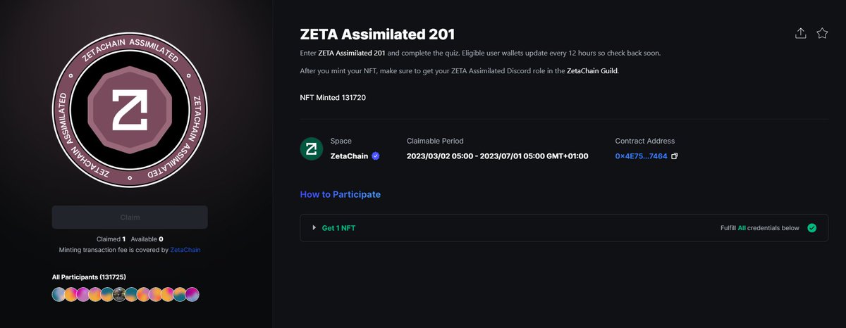 tcfollower's tweet photo. Bring ZETA Home NFT🪂
▶Enter ZETA Assimilated 201 and complete the quiz. Eligible user wallets update every 12 hours so check back soon.
💙After you mint your NFT, make sure to get your ZETA Assimilated Discord role in the ZetaChain Guild. https://t.co/Szmq22awWQ