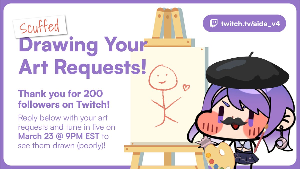 aida_lyra's tweet photo. [RTs 💕]

Helloo, I will be having a celebration stream tomorrow, March 23, at 9PM EST! I'll be drawing YOUR art requests (scuffed)

Reply below with your refs if you have a request! Priority given to those I see in chat~

➡️ https://t.co/0AqoOyzADv

#AidaLIVE #VtuberSupport https://t.co/Hsf0Qq5LSC