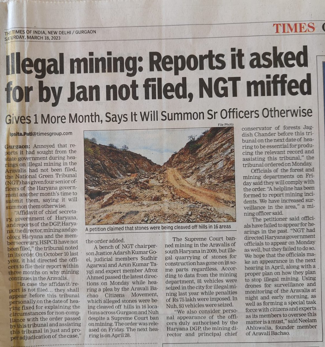 AravalliBachao's tweet photo. NGT has directed in latest March 2023 order in Aravalli Bachao vs Union of India &amp; ors that Haryana govt will need to deposit Rs 25000 if reports/ affidavits asked by court are again delayed.
@cmohry @HaryanaTweets 
Use of drones for surveillance is must to
#StopMiningInAravallis https://t.co/8YCHD6O6XT
