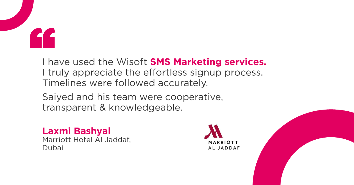 wisoftsolutions's tweet photo. Thrilled to receive positive feedback from Laxmi Bashyal of Marriott Hotel Al Jaddaf, Dubai for our #SMSmarketing services! Effortless signup, timely execution & cooperative team led by Sayied. Thank you for choosing Wisoft to help your business grow.
#Wisoft #HappyClient #Dubai https://t.co/RQhTBODbc3