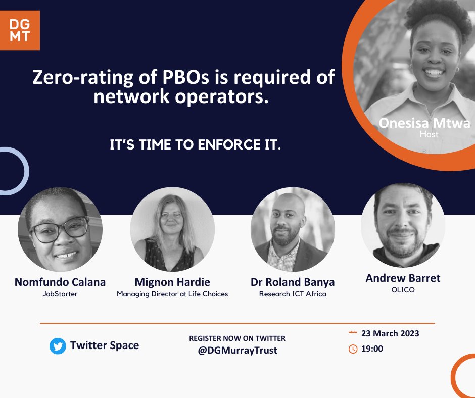 DGMurrayTrust's tweet photo. Join DGMT's @onesisa_m  and guests tonight to discuss how zero-rating website content has benefited communities, and find out how PBOs can join the Social Innovation Registry. 
🔔: https://t.co/dMz826vpwV

#zerorating #DGMT https://t.co/D9gqfXRCJW