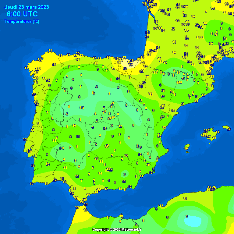 #Iberia temps at 7am, 23/03 - frost-free on the chart this morning with coldest Palacios de la Sierra 2C, meanwhile warmest to be found around the Basque region thanks to some foehn winds, with Bilbao 17C and Elgoibar & Zumaya Faro at 18C!