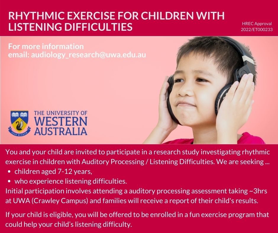 📣 🦻🏻🦻🏼🦻🏽🦻🏾🦻🏿📣
We, at the <a href="/uwanews/">UWA</a> <a href="/UWAhumanscience/">UWA School of Human Sciences</a>, are looking for #children aged 7–12 years with #listeningdifficulty to join an #exercise program that could help your child’s #listening difficulty. 

If interested, feel free to contact us.
#hearing #hearingloss #audiology