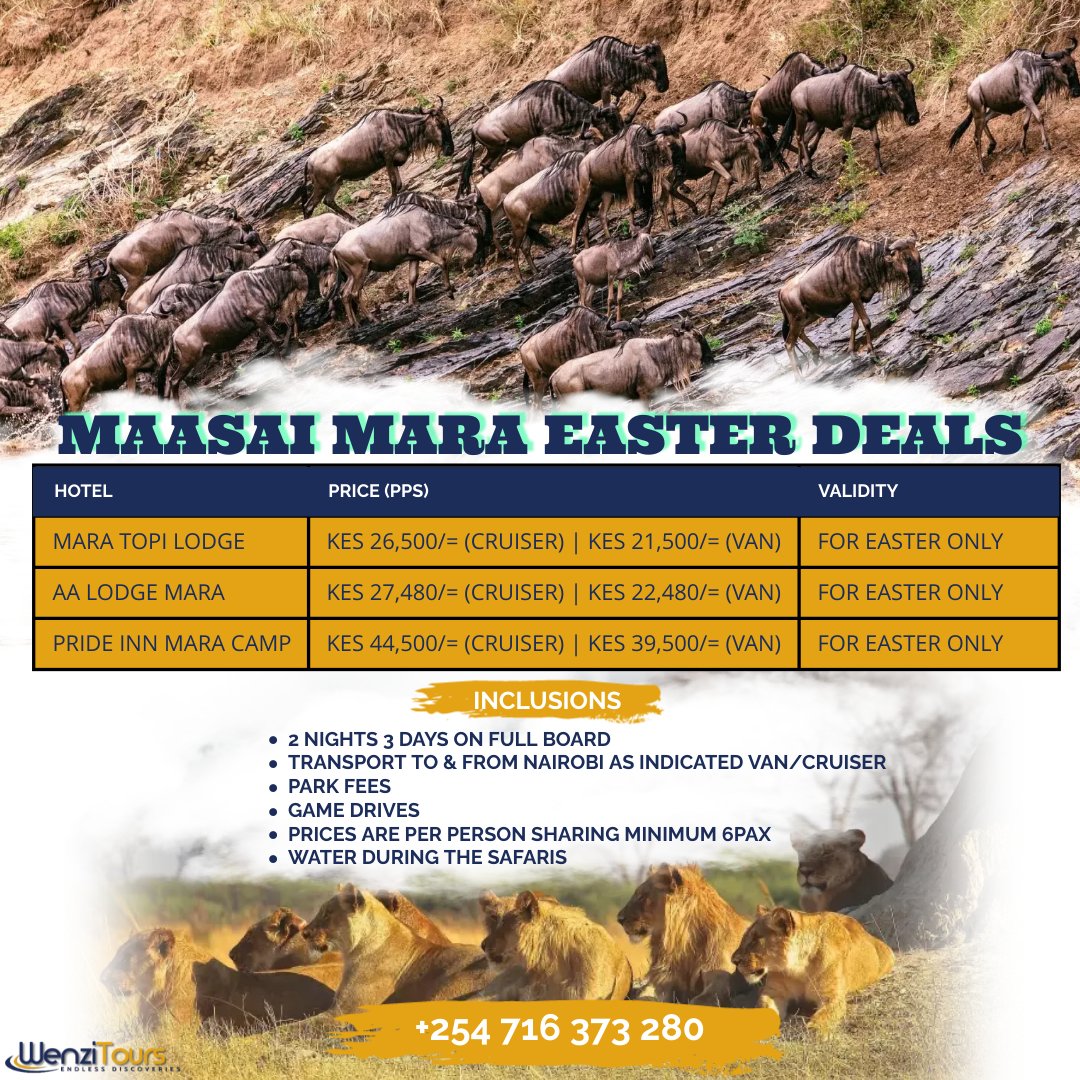 wenzitours's tweet photo. MAASAI MARA EASTER DEALS
🔸️Accomodation for 2 nights 3 days
🔸️Meals on Full Board
🔸️Park Fees
🔸️Transport to and from Nairobi as indicated either Van or Cruiser 
🔸️Game Drives
🔸️Prices are per person sharing minimum 6 pax

Call/Text/Whatsapp +254716373280

#zurunakws https://t.co/vRBh2e8xYX