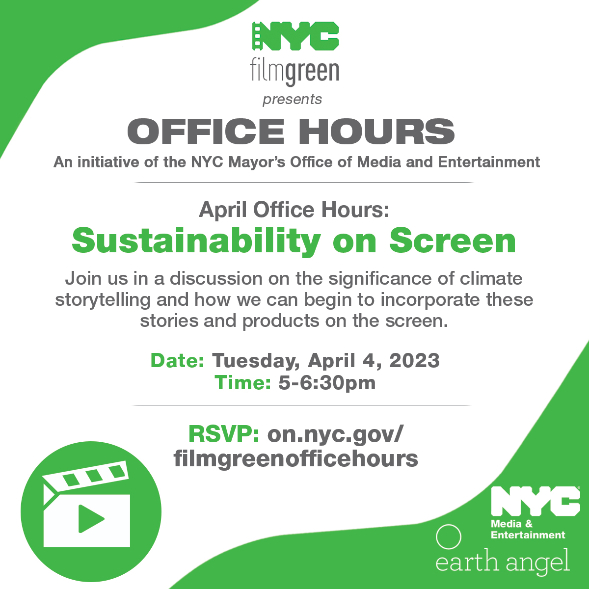 Join @madein_ny &amp; <a href="/earthangelsets/">Earth Angel</a> for a free #nycfilmgreen Office Hours on #climatestorytelling. April 4 @ 2-3:30pm PST/5-6:30pm ET. Sign up: on.nyc.gov/filmgreenoffic… 👈 #theredfordcenter <a href="/howchangers/">Habits of Waste</a> @goodenergystory #lydiadeanpilcher @rare_org #climatecontent <a href="/pga_green/">PGA Green</a>