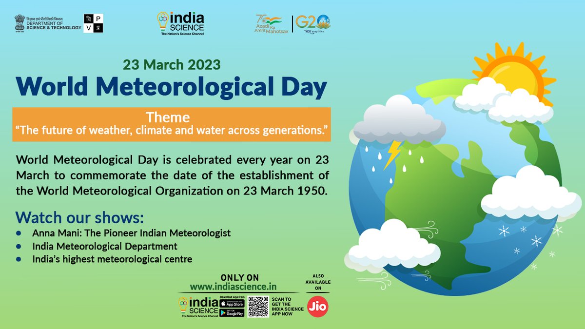 #WorldMeteorologicalDay is celebrated every year on 23 March to commemorate the date of the establishment of the World Meteorological Organization on 23 March 1950.  
<a href="/PMOIndia/">PMO India</a> <a href="/DrJitendraSingh/">Dr Jitendra Singh</a> <a href="/IndiaDST/">DSTIndia</a> <a href="/PrinSciAdvGoI/">Principal Scientific Adviser, Govt. of India</a> <a href="/DBTIndia/">Department of Biotechnology</a> <a href="/CSIR_IND/">CSIR, India</a> <a href="/VigyanPrasar/">Vigyan Prasar</a> <a href="/nakulparashar/">Nakul Parashar</a>